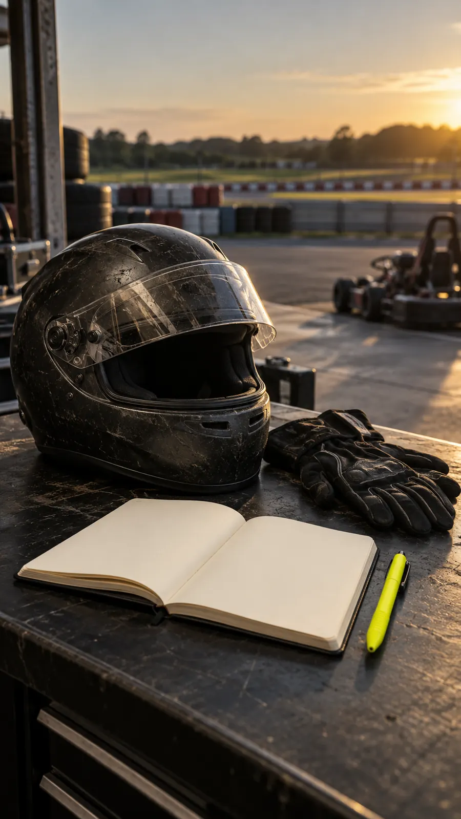 A karting helmet and gloves beside an open notebook and yellow pen.