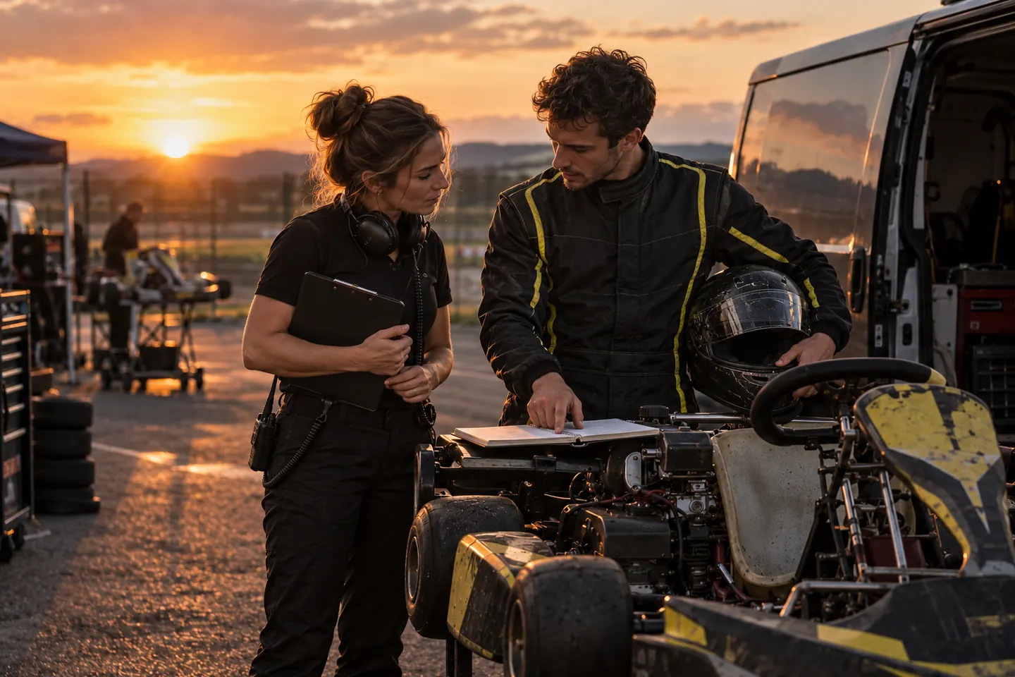 A coach listening while an adult kart driver points to session notes beside their kart
