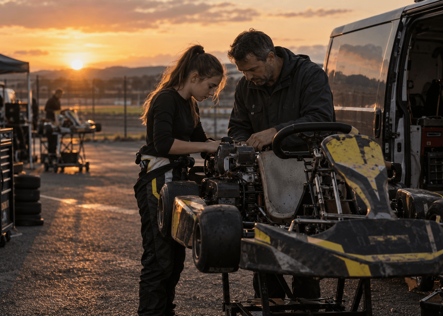 A parent and daughter preparing their kart together in the paddock